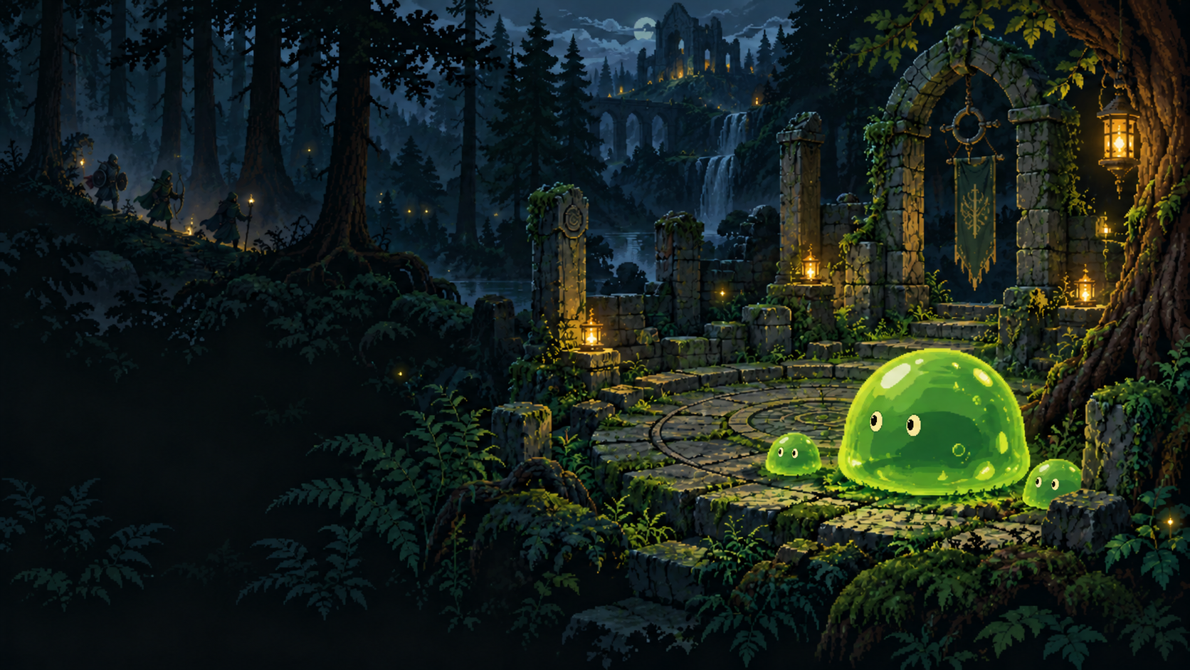 Gorb and his slime brood among the lantern-lit Mossroot ruins